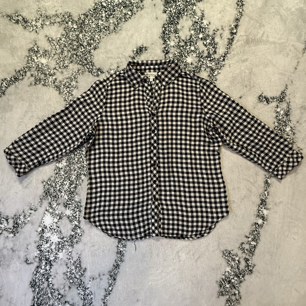 Hester Orchard Shirt Womens Size M Black White Gingham Roll Tab Sleeve Button Up - Picture 1 of 7